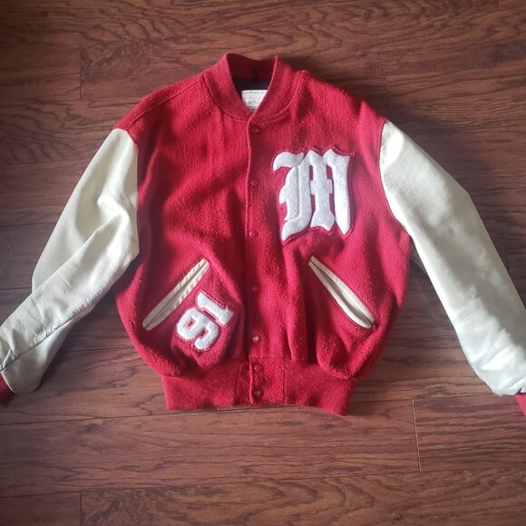 Vintage‎ DeLong Men's RED Lettermans Wool Leather Varsity Jacket USA Size 44 "M" - Picture 7 of 16
